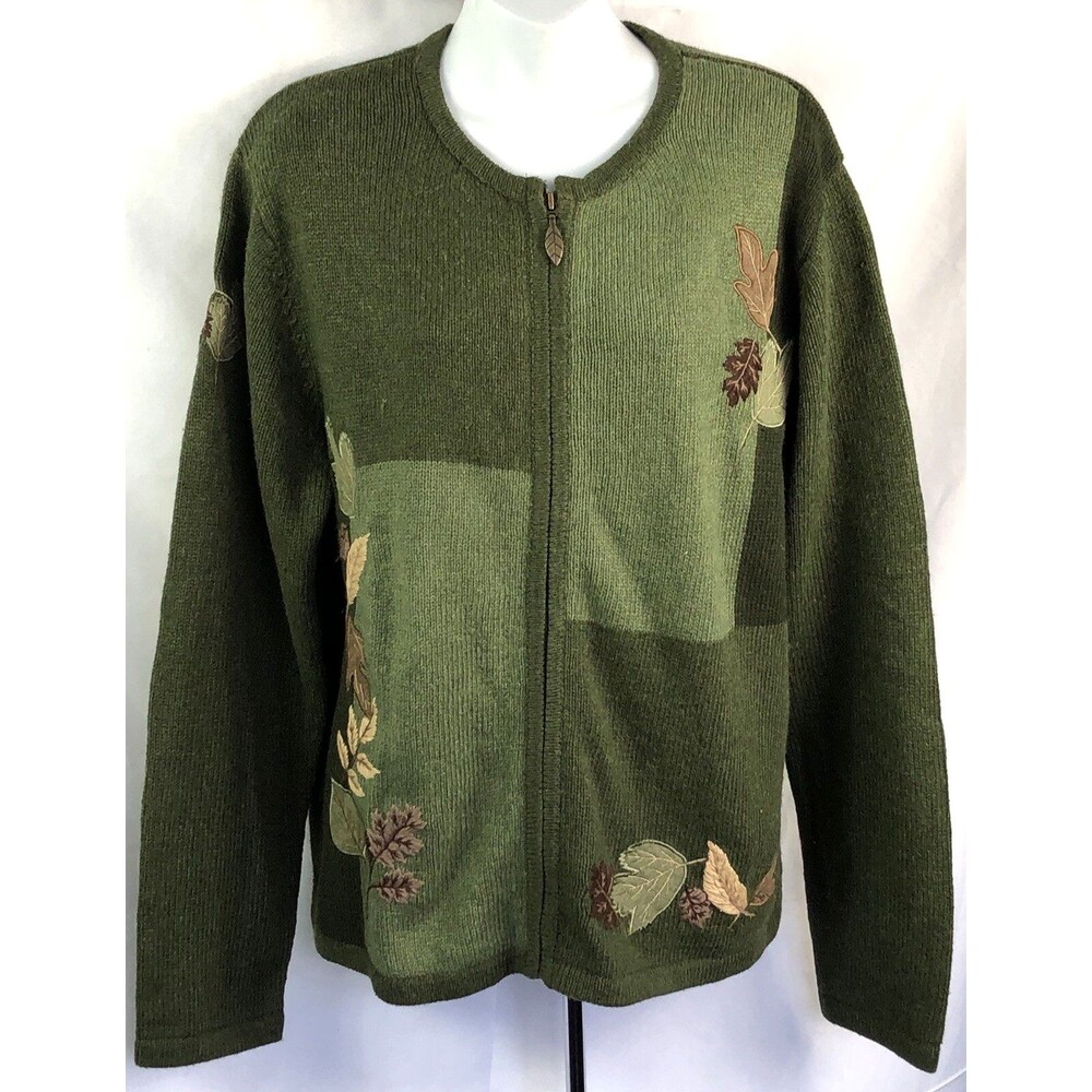 NWT Croft Barrow Cardigan Sweater L Green Leaves applique zip up cottage fall